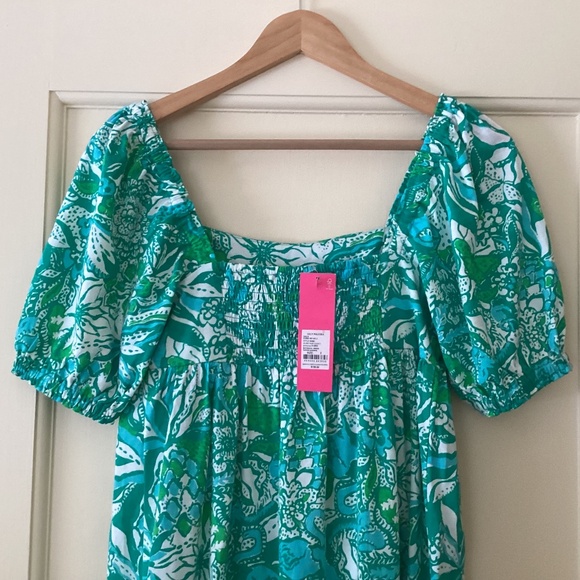 Lilly Pulitzer Delaney Cotton Tropical Print Short Puff Sleeve Square Neck Dress - Picture 7 of 13